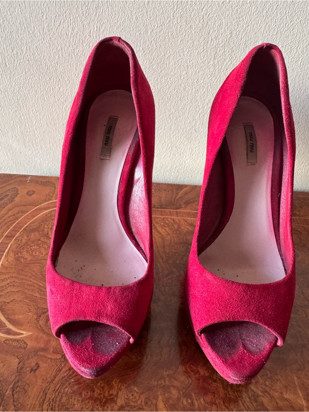 Miu Miu Red Suede Peep-Toe Pumps